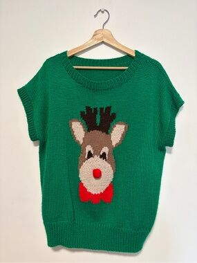 Vintage Handmade Knit Christmas Holiday Rudolf Reindeer Vest Quirky XMAS Top